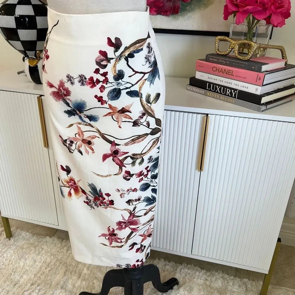 Zara Women's Floral High Waisted Midi Straight Pencil Skirt Ivory Red Sz XS NWT